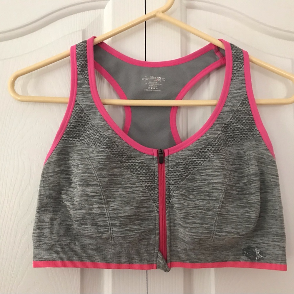 DANSKIN NOW Sports Bra.. Gray/Pink Front Zipper Closure size XL